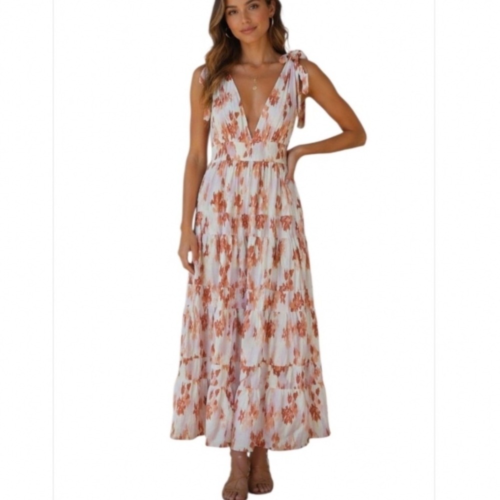 House Of Harlow 1960 Linen Blend Rust Floral Print Tiered Midi Dress Sz L Boho